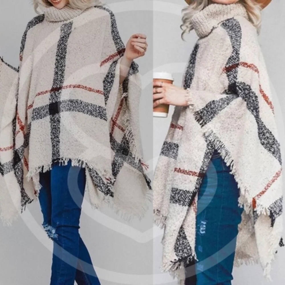 040 Cozy Turtleneck Plaid Frayed Hem Poncho - Picture 12 of 16
